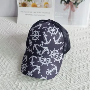 Women trucker hat mesh baseball cap with stylish white anchor and ship wheel nautical print.