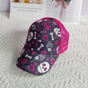 Women gothic skull rose print trucker hat breathable mesh back ponytail baseball cap streetwear