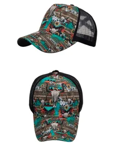 Detailed view of western skull print trucker hat, showing turquoise tribal pattern and mesh back.