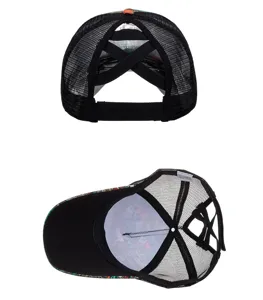 Detail view of the women's crisscross ponytail mesh baseball cap with stylish print and breathable back.