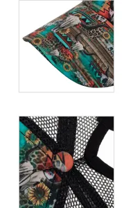 Detailed view of the women's ponytail mesh baseball cap with vibrant tribal print and brim.