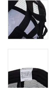 Detailed view of the black ponytail mesh baseball cap back crisscross strap design and wash label.