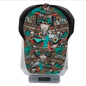 Detailed close-up view of western boho cow skull print trucker hat with breathable mesh back