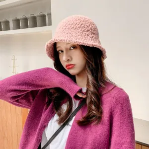 Pink fleece bucket hat for women, soft warm winter plush basin hat for casual daily wear.