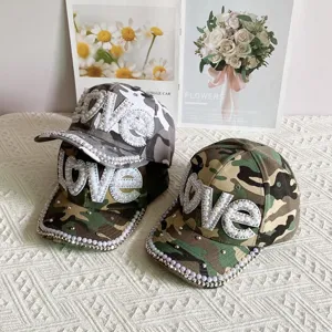 Euro-American Camouflage Printed Acrylic Blend Baseball Cap With Artificial Pearl Rhinestone Love Patch Curved Brim Sun Protection Cap For Women