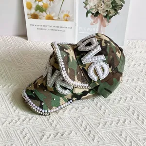 Camouflage baseball cap with pearl rhinestone LOVE letters, stylish fashion sun hat for women.