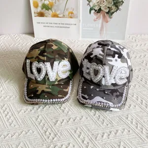 Fashion camo baseball cap with rhinestone pearl LOVE applique, stylish sun protection duckbill hat.
