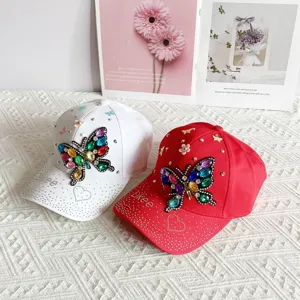 Details of rhinestone butterfly baseball cap for women, stylish outdoor sun hat.