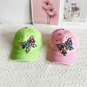Fashion rhinestone butterfly baseball cap, vibrant colors for outdoor sun protection.