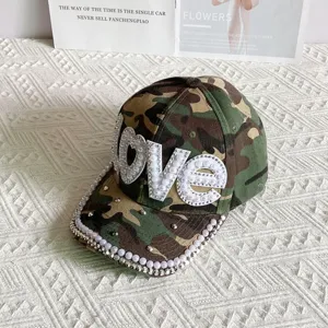Camouflage baseball cap with pearl and rhinestone LOVE patch, stylish women sun hat.