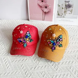 Women rhinestone butterfly baseball cap, stylish outdoor sun protection cotton casual dad hat.