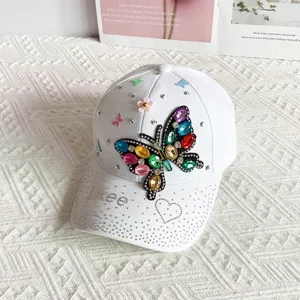 Women stylish rhinestone butterfly baseball cap white casual sun hat outdoor sun protection