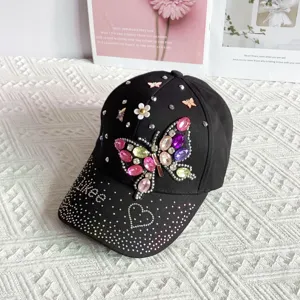 Women rhinestone butterfly baseball cap fashion casual outdoor sun protection black hat