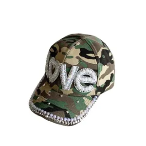 Stylish camouflage baseball cap for women, featuring pearl and rhinestone LOVE design.