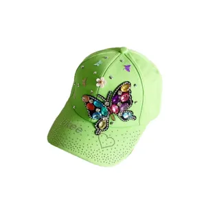 Women fashion rhinestone butterfly baseball cap green sun protection casual sports hat