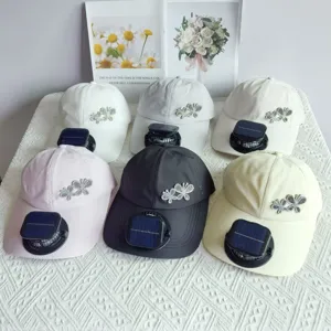 Polyester Baseball Cap With Solar Charging Cooling Fan Rhinestone Butterfly Sun Protection Long Brim Outdoor Adjustable Hat For Women Men
