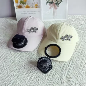 Rhinestone butterfly sun hat with solar fan, quick-drying extended brim baseball cap.