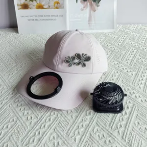 Detailed view of the pink quick-dry baseball cap with rhinestone butterfly and cooling fan.