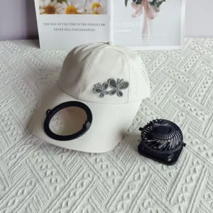 Quick-dry baseball cap with rhinestone butterfly and mini fan, extended brim for sun protection.