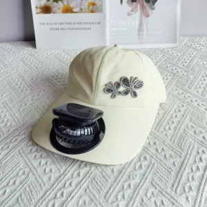 Solar fan baseball cap with rhinestone butterfly, quick dry extended brim summer sun hat.