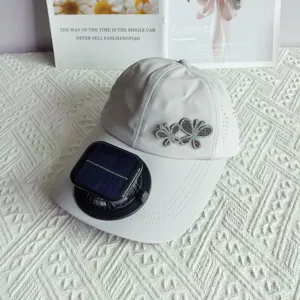 Detail view of quick-drying baseball cap with solar fan and rhinestone butterfly decor.