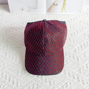 Rhinestone diamond lattice baseball cap for women, sparkling crystal fashion sun hat detail.