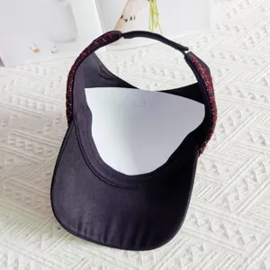 Black empty top sun visor hat with red rhinestones, stylish summer anti-UV cap for women.