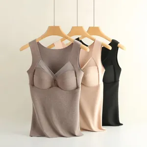 Damen Thermisches Unterhemd Integrierte BH-Polster V-Ausschnitt Winter Fleece Gefüttert Ärmellose Basis Schicht Gepolstert Camisole Top