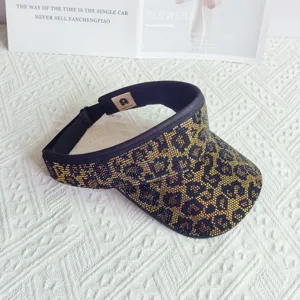 Visera de sol leopardo con diamantes, sombrero abierto elegante para moda de verano al aire libre.