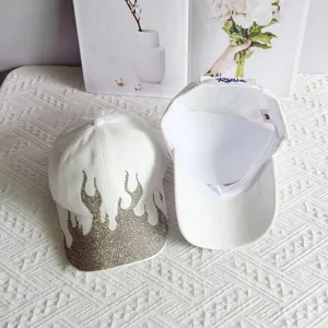 White rhinestone flame baseball cap, stylish street style sunshade hat for women and men.
