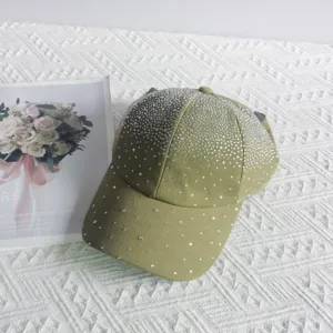 Olive green rhinestone baseball cap, stylish half-top starry sun hat for women outdoors.