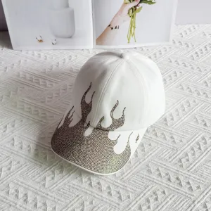 Stylish white rhinestone flame baseball cap for outdoor street sunshade and casual wear.