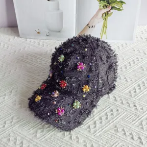 Cappellino da baseball in tweed sfrangiato da donna con fiori di perle strass cappello sole