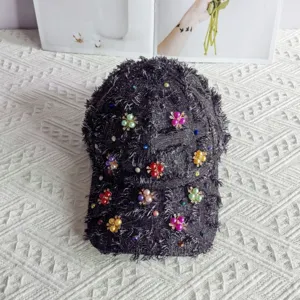 Berretto da baseball in tweed con perle strass fiori, frange bordo vivo per donna protezione.