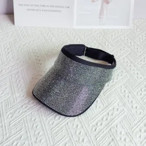 Glitzernder Strass leere Oberseite Sonnenblende Hut fuer Damen, stilvolle schwarze Sommerkappe.