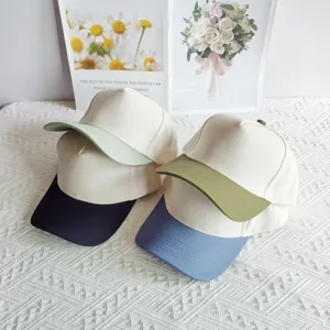 Close-up detail of contrast color panel baseball cap, casual plain sun hat for daily wear.