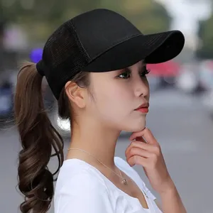 Black mesh baseball cap for women with high ponytail hole, plain solid outdoor sun hat.