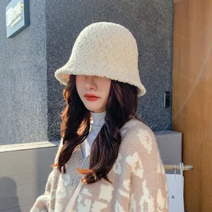 Korean style plush fleece bucket hat for women, soft warm winter casual sun basin hat