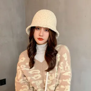 Cream white sherpa bucket hat for women, cozy fleece winter warm fisherman hat solid color casual.