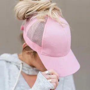 Women pink ponytail baseball cap mesh trucker hat casual summer outdoor sun protection plain