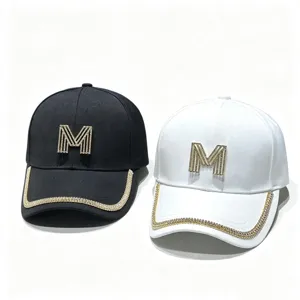 Fashion rhinestone M logo baseball cap, casual sun protection dad hat for women, black and white.