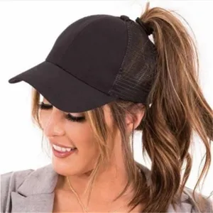 Close-up detail of black ponytail baseball hat mesh trucker cap rear opening for high ponytail