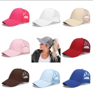 Women high ponytail baseball cap mesh trucker hat solid color casual outdoor sun hat