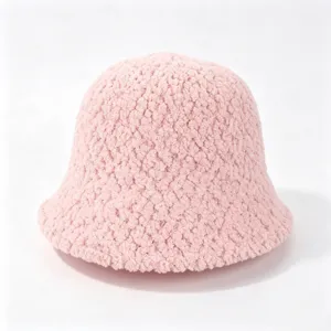 Pink plush bucket hat for women, cozy fleece winter warm fisherman cap for outdoor daily wear.
