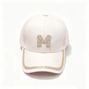 Fashion Women Rhinestone M Logo Baseball Cap Polyester Sun Protection Adjustable Curved Brim Casual Sports Hat Travel