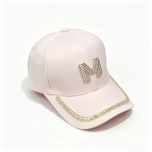 Pink rhinestone M baseball cap, chic women sun protection hat with dazzling crystal brim trim.
