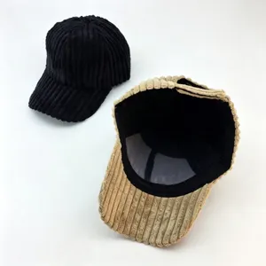 Corduroy baseball cap detail view showing inner lining, adjustable strap, and soft fabric texture.