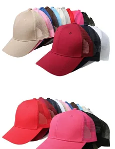 Mesh baseball cap for women, adjustable ponytail trucker hat, solid color summer sun hat.