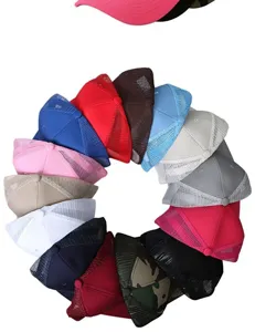 Colorful mesh baseball cap detail showing multi-color options and breathable mesh back.