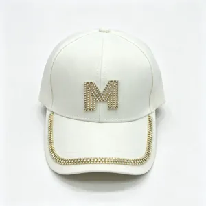 White rhinestone M letter baseball cap stylish sun protection casual hat for women